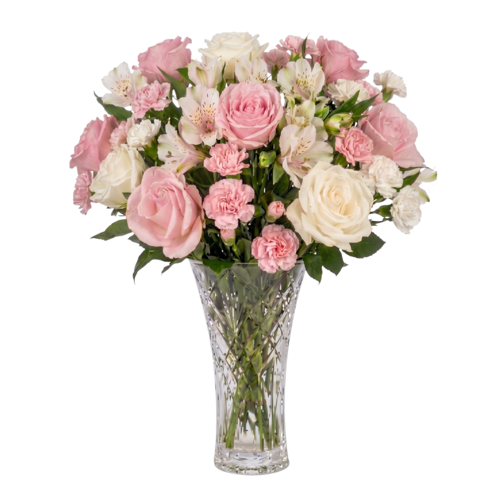 Pink Moments bouquet of pink and white roses, alstroemeria, daisies and mums by Aquarossa Farms