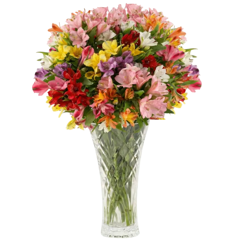 A vibrant mixed flower bouquet featuring pink, red, yellow, orange, and purple blossoms arranged in a clear, faceted glass vase on a solid white background.