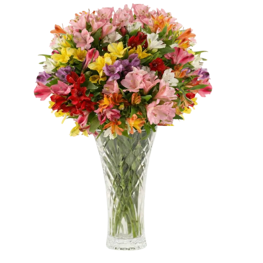 A vibrant mixed flower bouquet featuring pink, red, yellow, orange, and purple blossoms arranged in a clear, faceted glass vase on a solid white background.